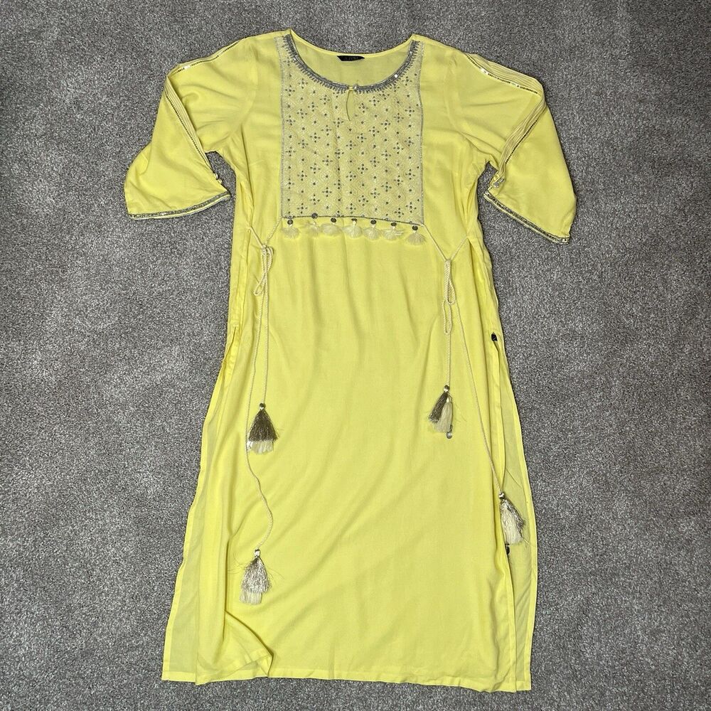 Aurelia Kurta Tunic Women L/XL SunshineYellow Silver Beaded Embroidery Tassel